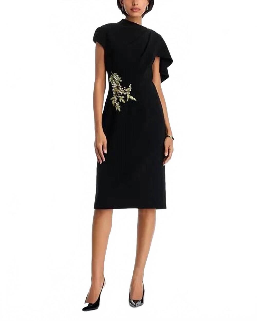 NEW TERI JON embellished cape midi dress in black